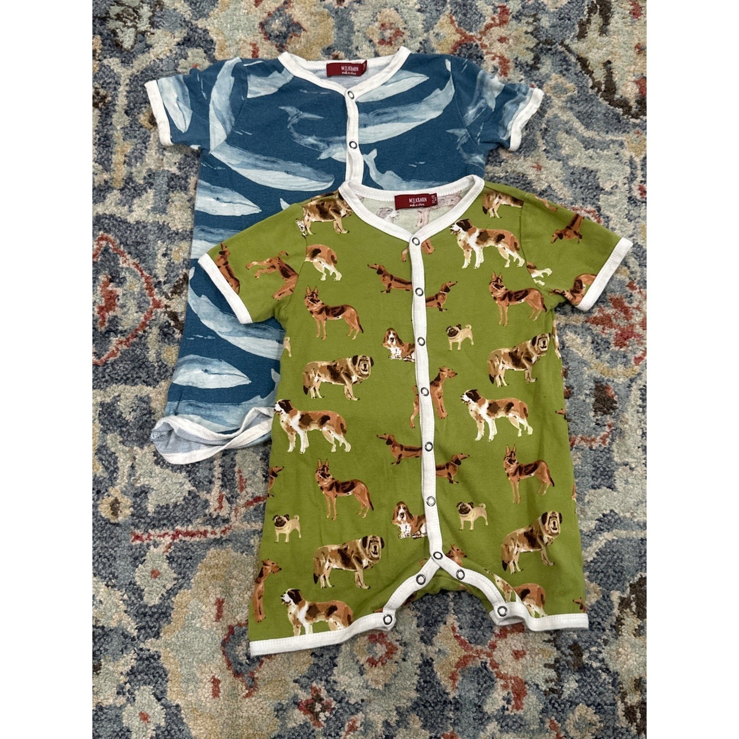 Milkbarn Romper Set Boys 12-18M Blue Green Whale Dog Organic Cotton