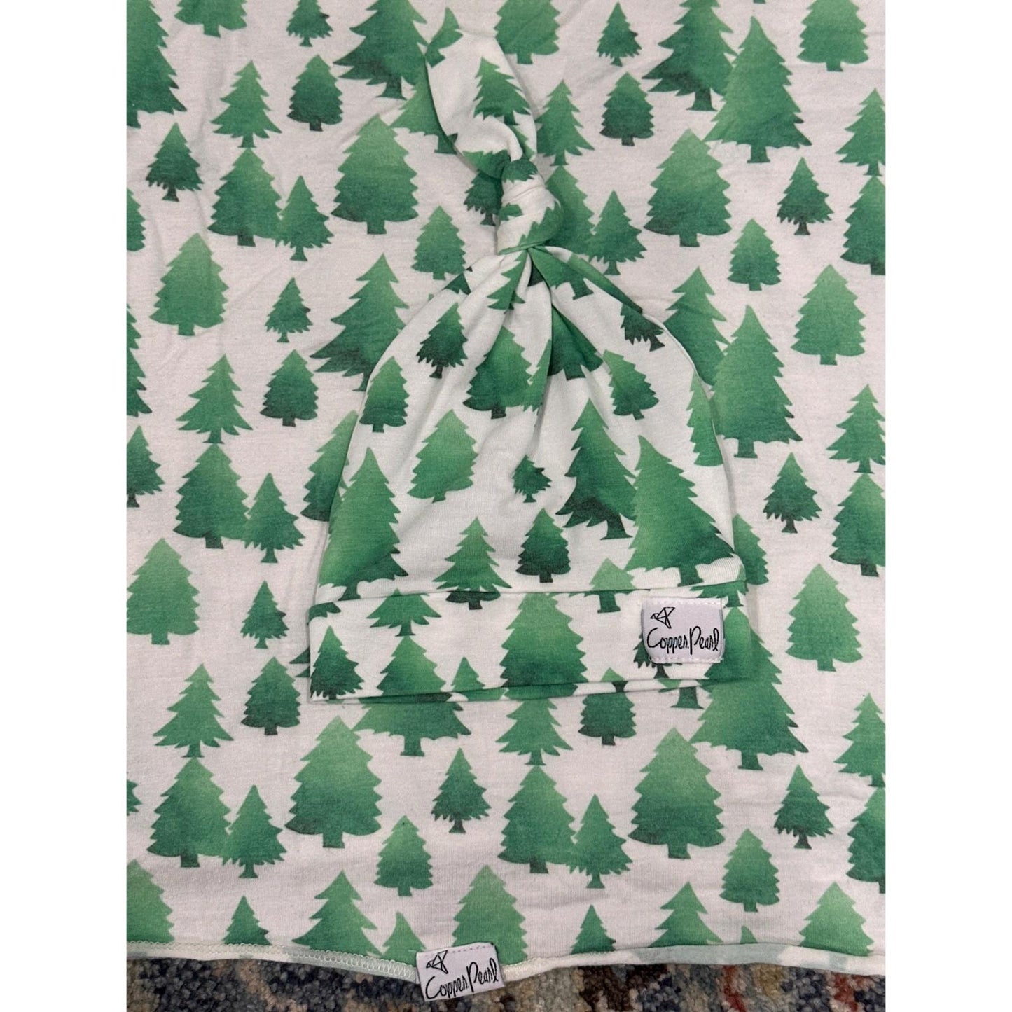 Copper Pearl Swaddle Blanket Hat Set Kids Newborn Green Pine Tree Print
