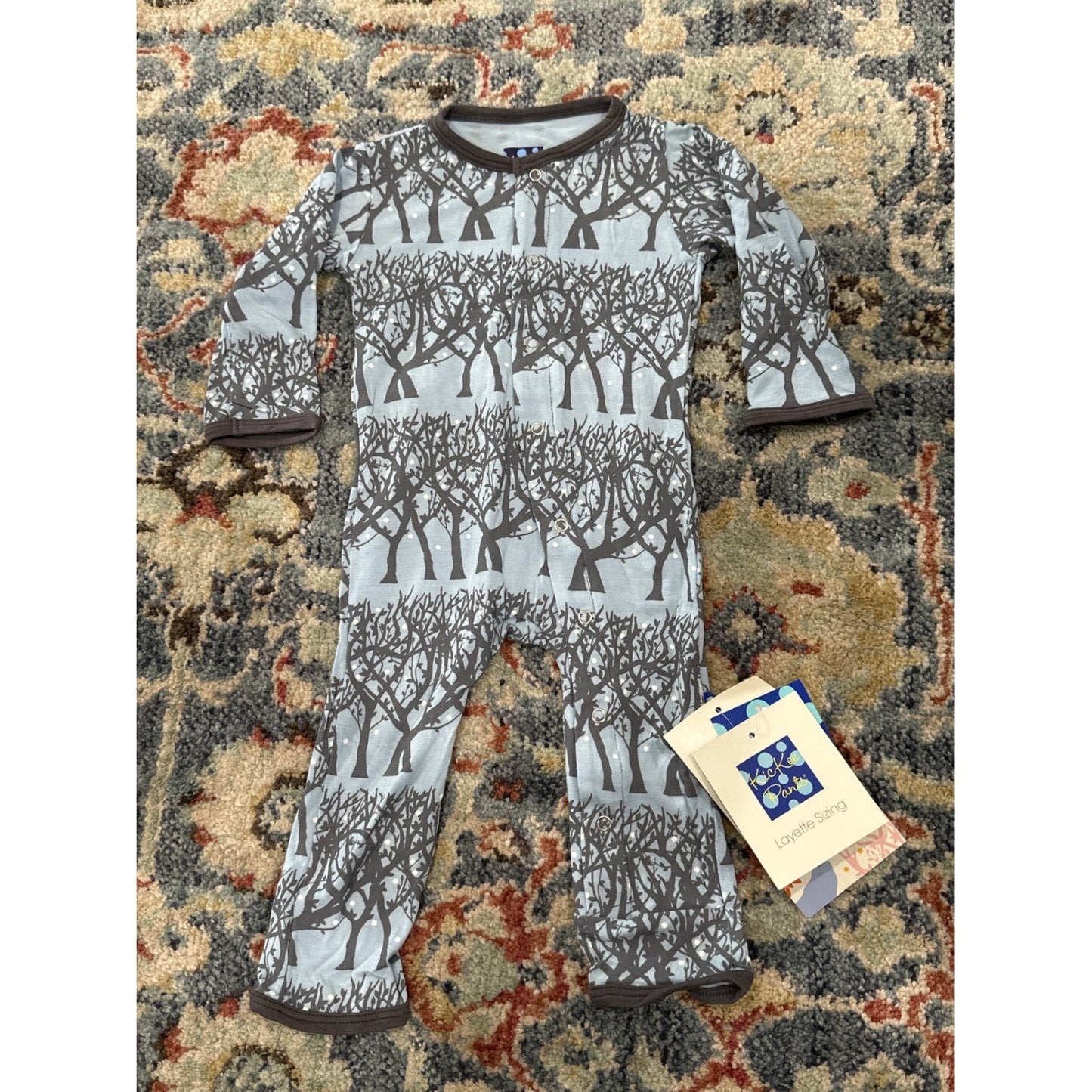 Kickee Pants Footless Romper Boys 6-9M Blue Brown Tree Winter Forest Print NWT