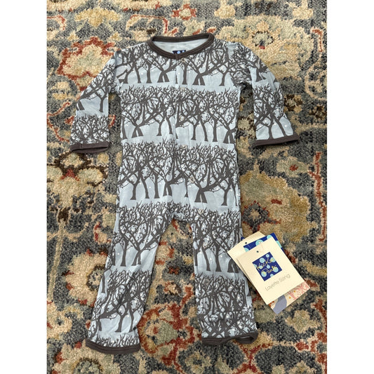 Kickee Pants Footless Romper Boys 6-9M Blue Brown Tree Winter Forest Print NWT