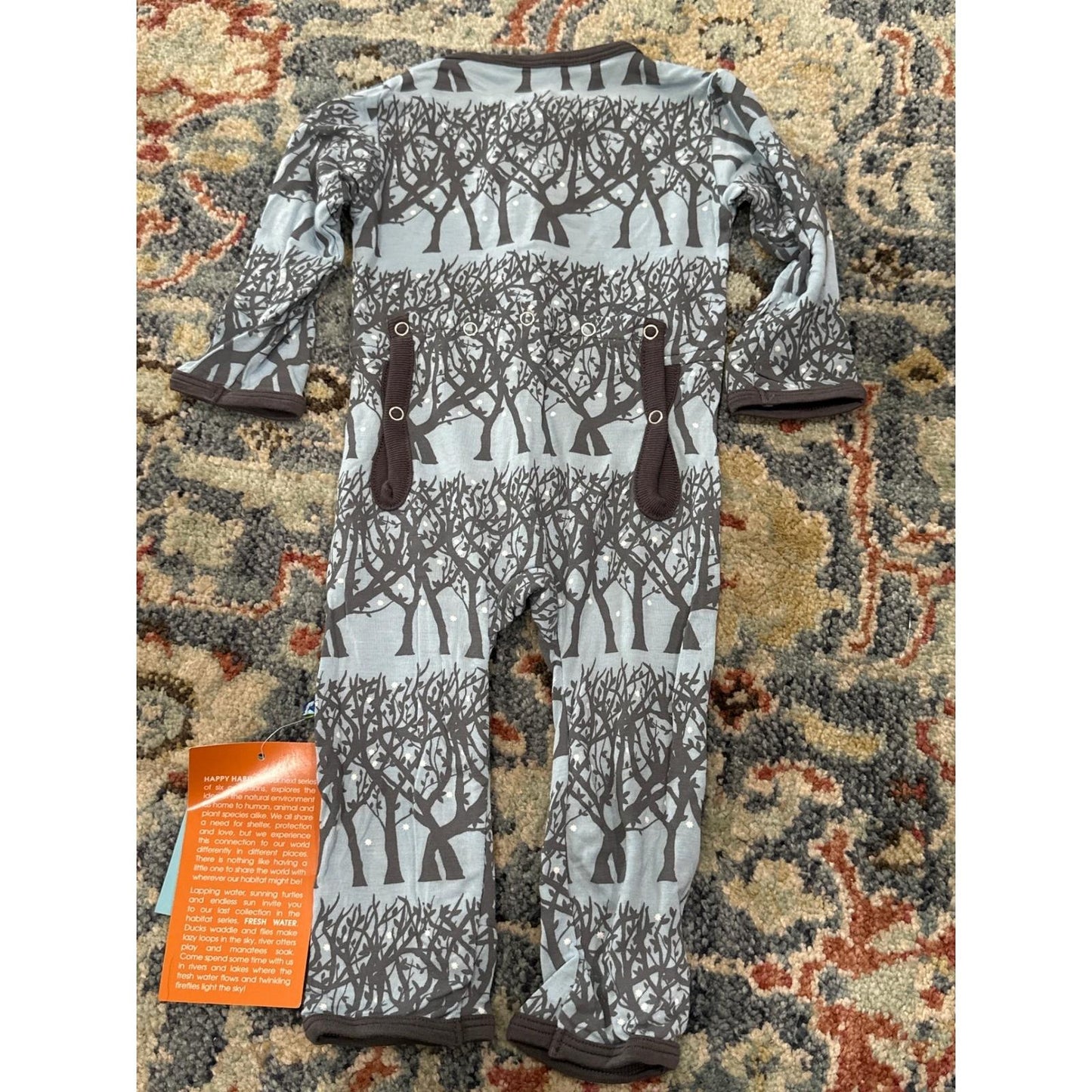 Kickee Pants Footless Romper Boys 6-9M Blue Brown Tree Winter Forest Print NWT