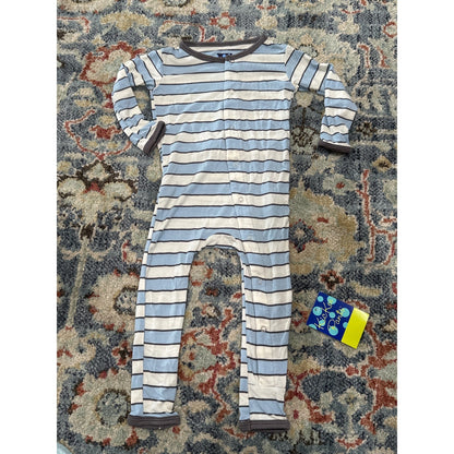 Kickee Pants Romper Boys 12-18M Blue Striped Bamboo Snap Coverall NWT