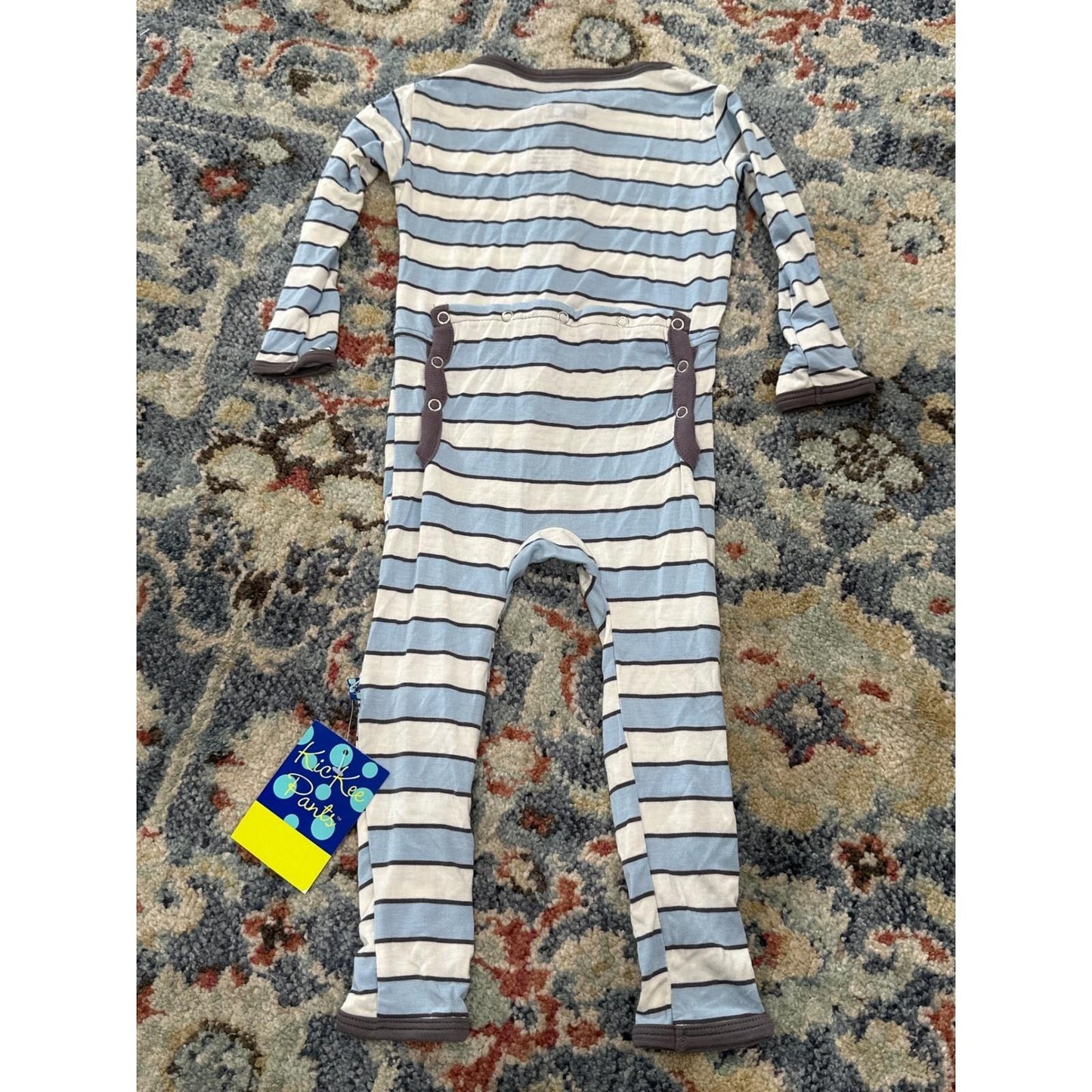Kickee Pants Romper Boys 12-18M Blue Striped Bamboo Snap Coverall NWT