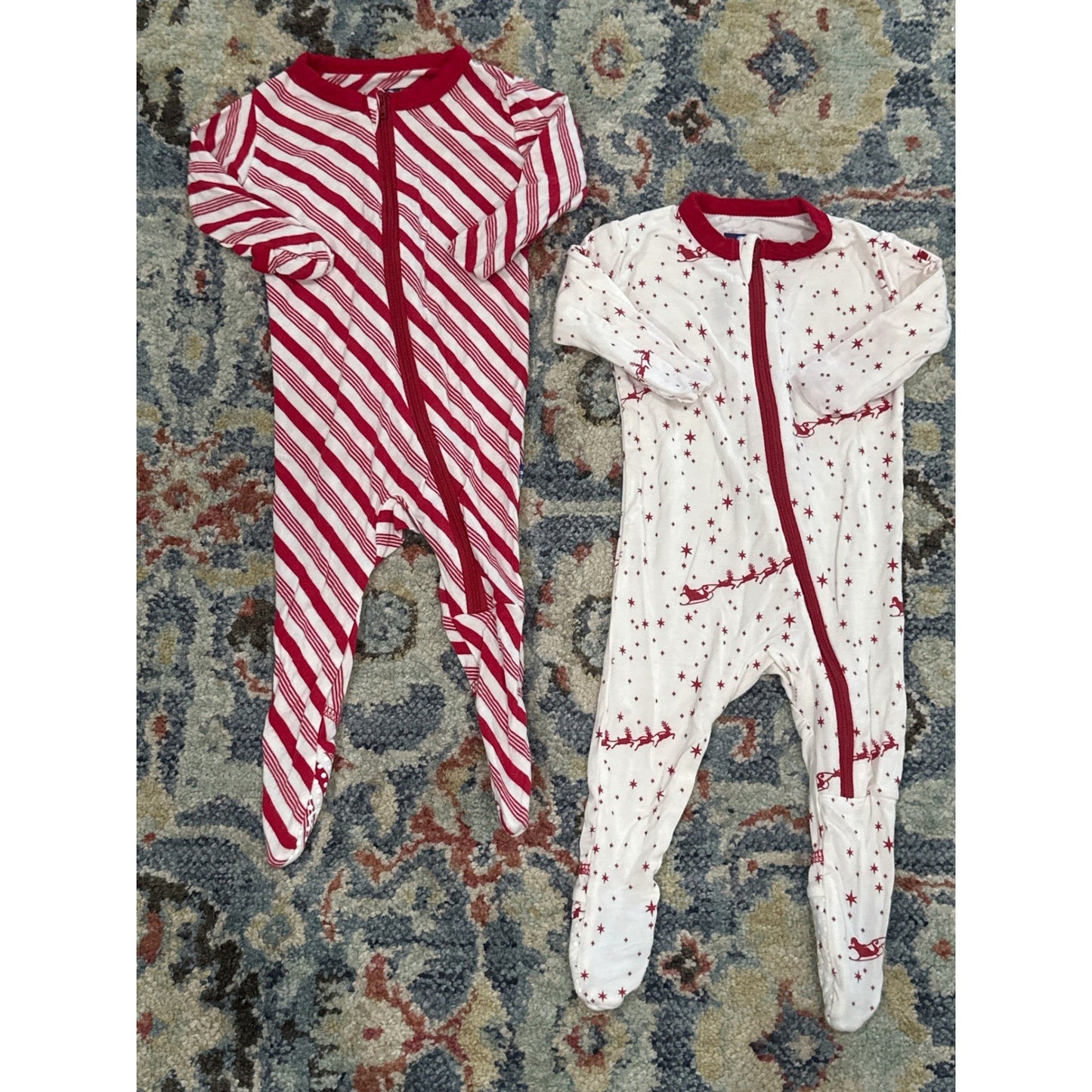 Kickee Pants Footie Bundle Kids 0-3M Red White Holiday Stripes Reindeer EUC