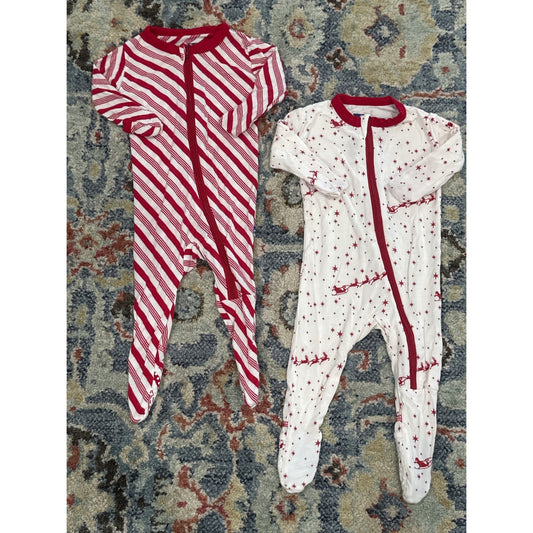 Kickee Pants Footie Bundle Kids 0-3M Red White Holiday Stripes Reindeer EUC
