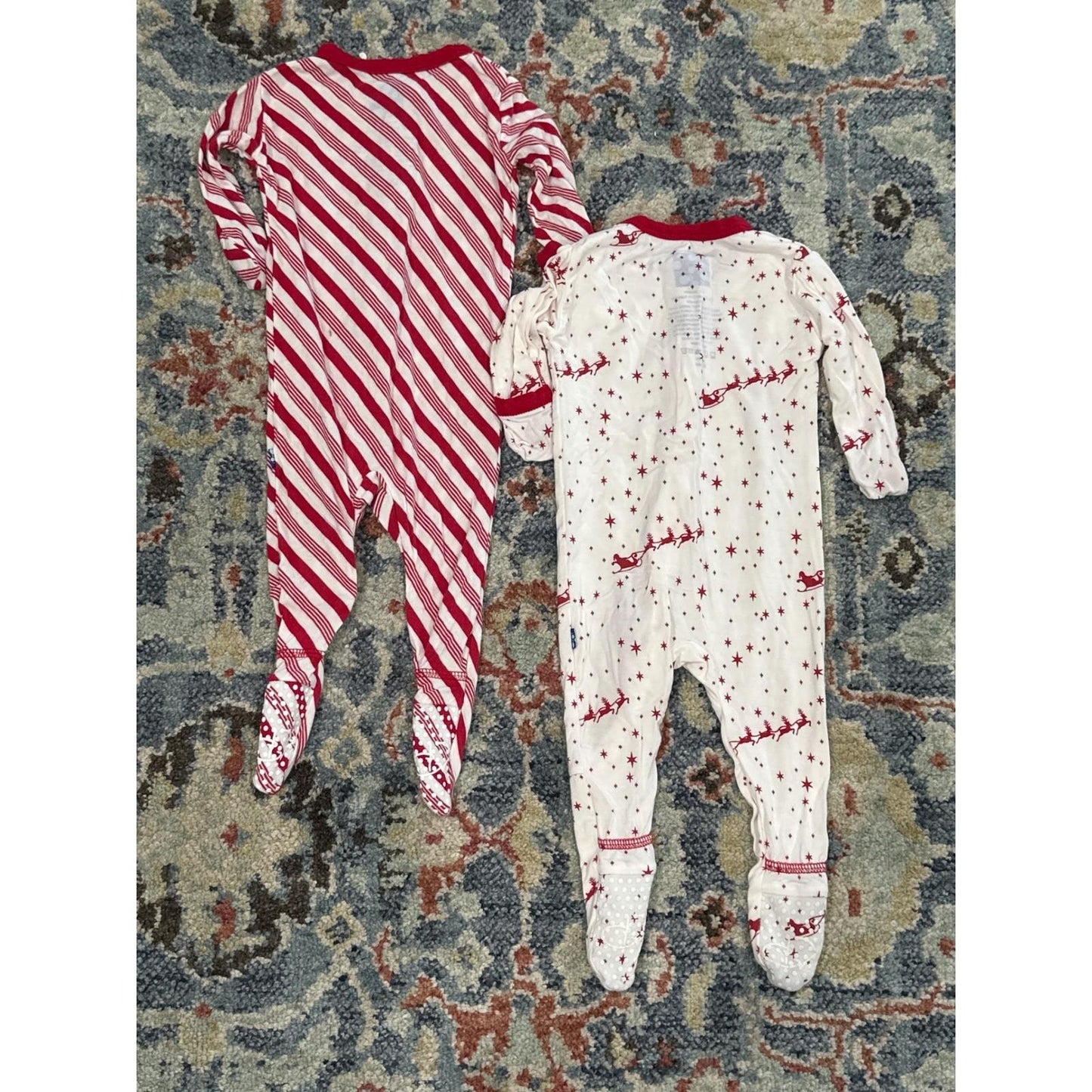 Kickee Pants Footie Bundle Kids 0-3M Red White Holiday Stripes Reindeer EUC
