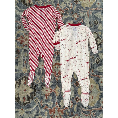 Kickee Pants Footie Bundle Kids 0-3M Red White Holiday Stripes Reindeer EUC