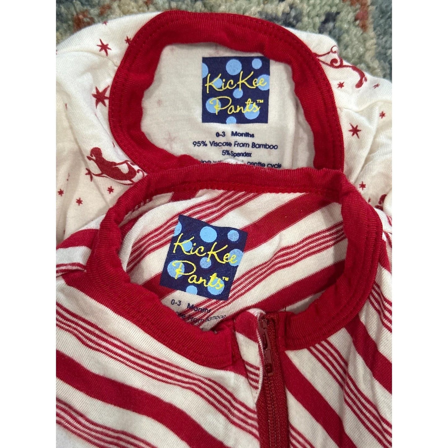 Kickee Pants Footie Bundle Kids 0-3M Red White Holiday Stripes Reindeer EUC