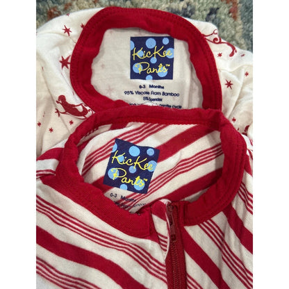 Kickee Pants Footie Bundle Kids 0-3M Red White Holiday Stripes Reindeer EUC