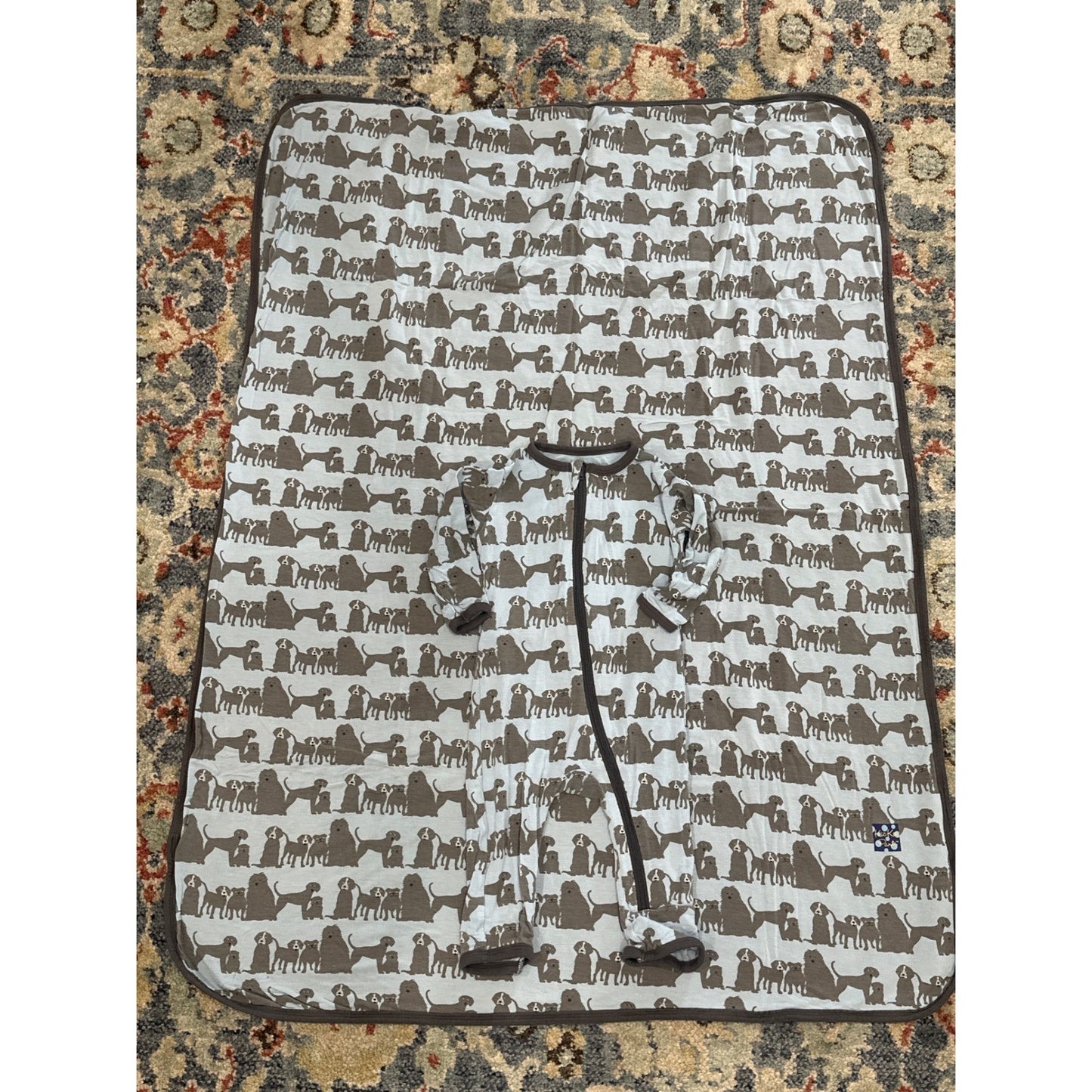 Kickee Pants Coverall Blanket Set Boys 0-3M Blue Brown Dog