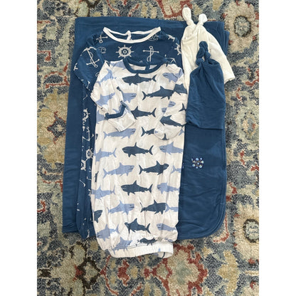 KicKee Pants Bundle Baby Boys 0-6M Blue Shark Nautical Blanket Gown