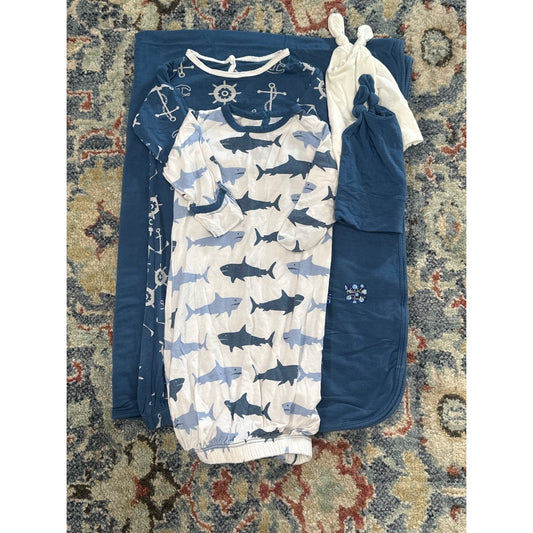 KicKee Pants Bundle Baby Boys 0-6M Blue Shark Nautical Blanket Gown