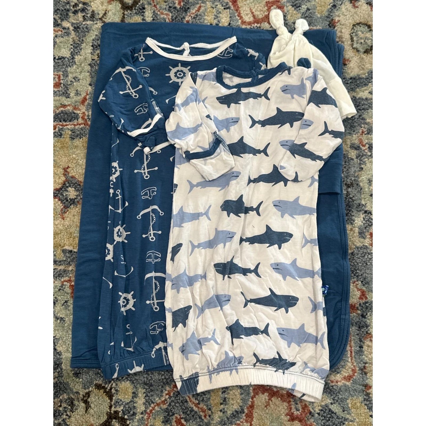 KicKee Pants Bundle Baby Boys 0-6M Blue Shark Nautical Blanket Gown