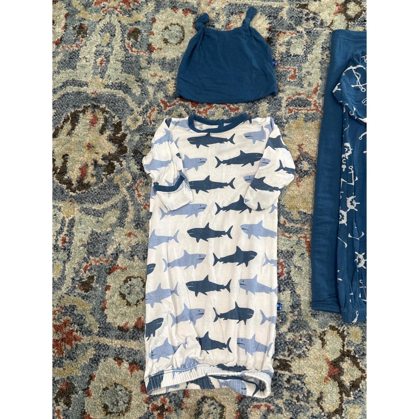 KicKee Pants Bundle Baby Boys 0-6M Blue Shark Nautical Blanket Gown