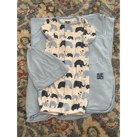 Kickee Pants Gown Hat Blanket Set Boys Preemie Blue Elephant