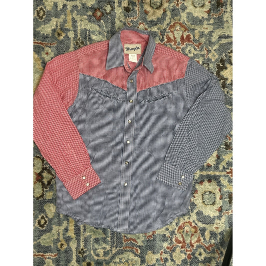 Wrangler Western Shirt Boys 10/12 Red Navy Gingham Colorblock Pearl Snap EUC
