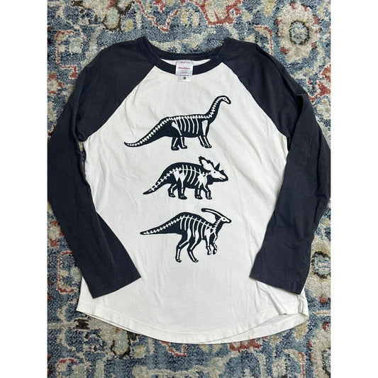 Hanna Andersson Raglan Tee Boys 10 Grey Cream Dinosaur Skeleton EUC