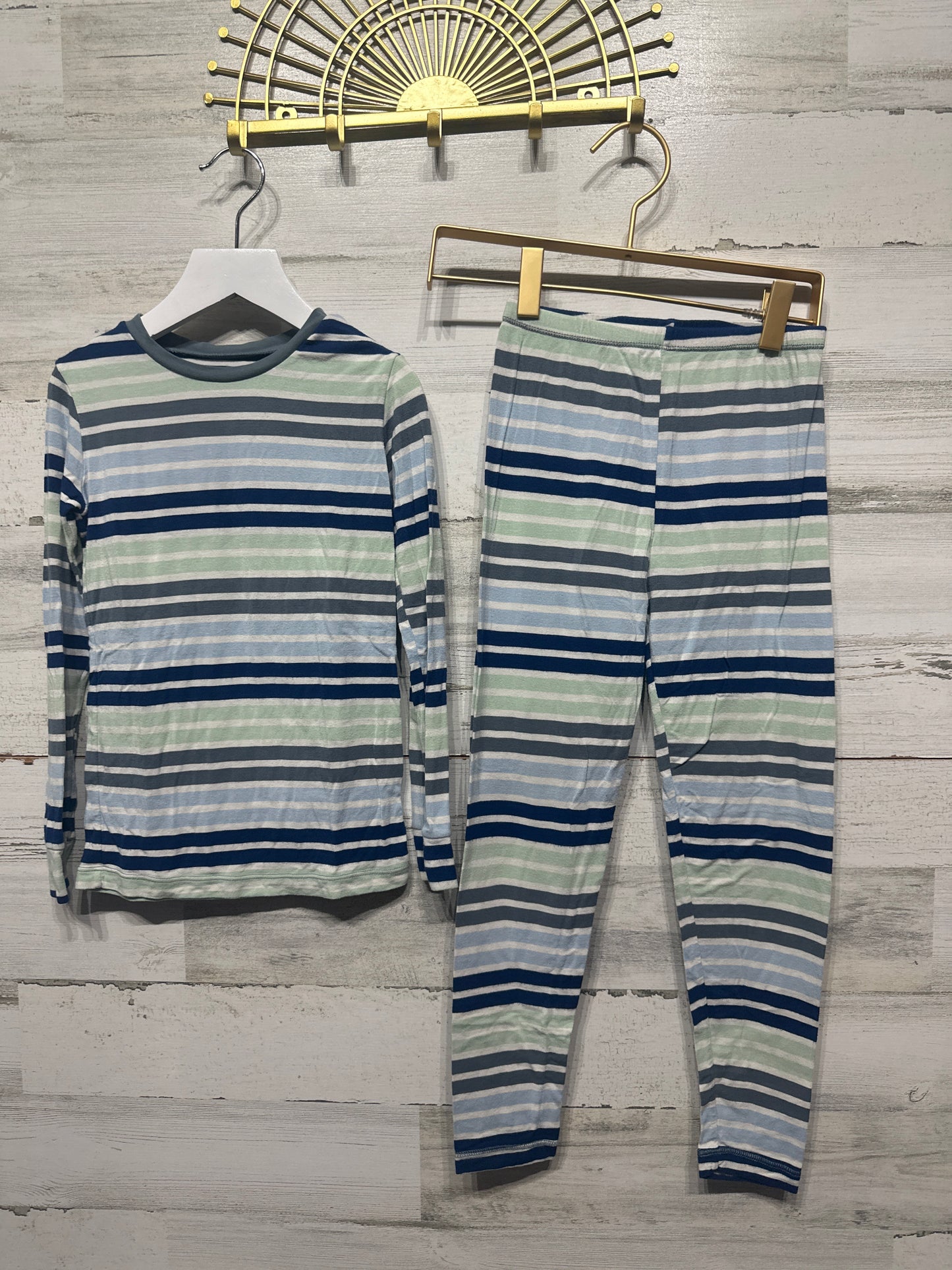 Boys Size 8 Kickee Pants Bamboo Blue and Green Stripe Pajama Set - Good Used Condition