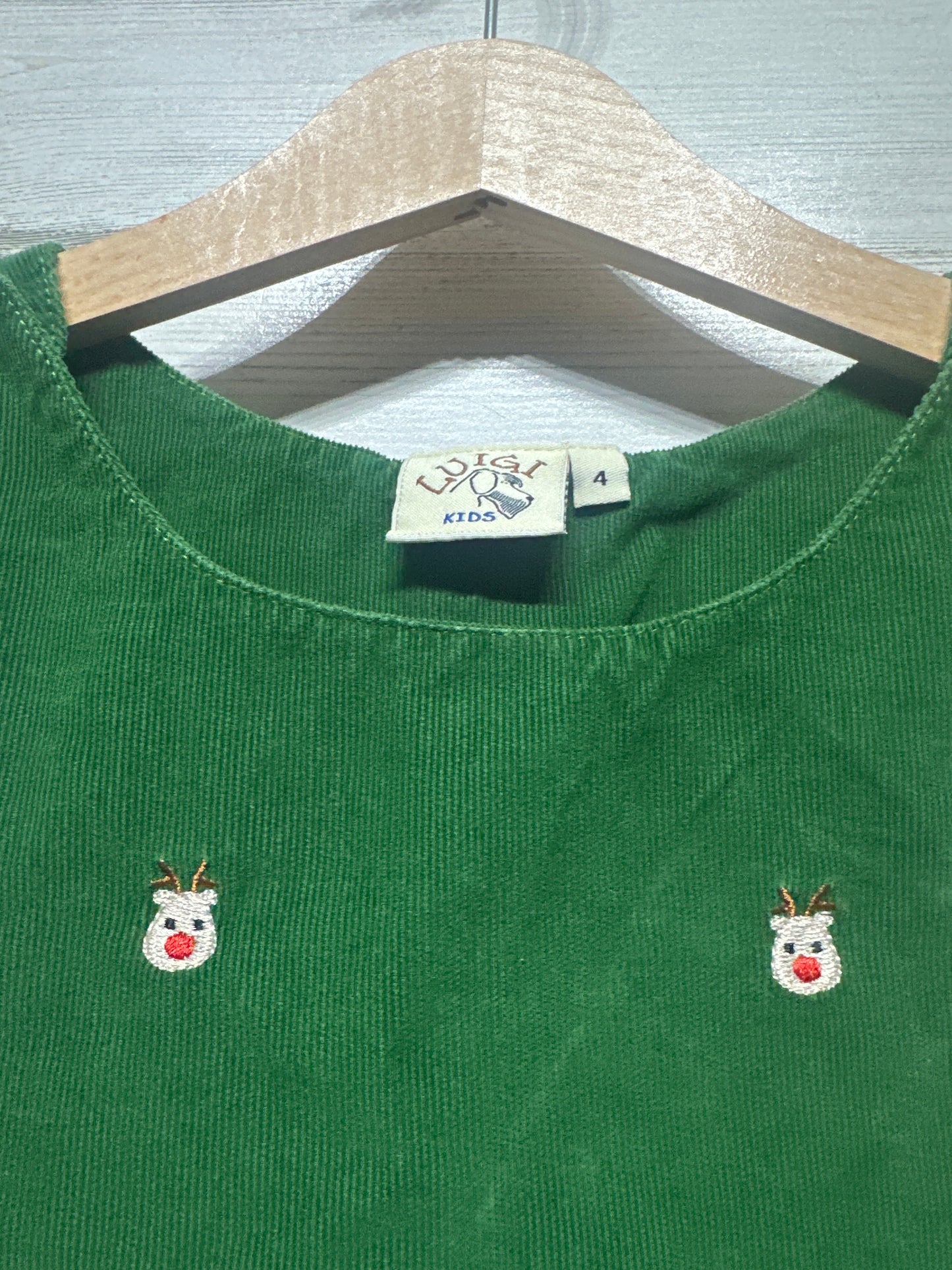 Girls Size 4 Luigi Kids Green Cord Holiday Reindeer Embroidered Dress - Very Good Used Condition