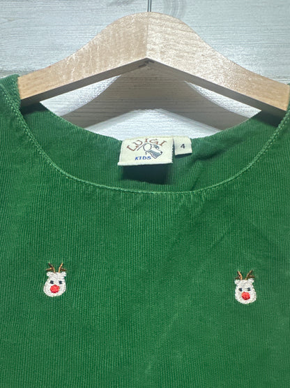 Girls Size 4 Luigi Kids Green Cord Holiday Reindeer Embroidered Dress - Very Good Used Condition