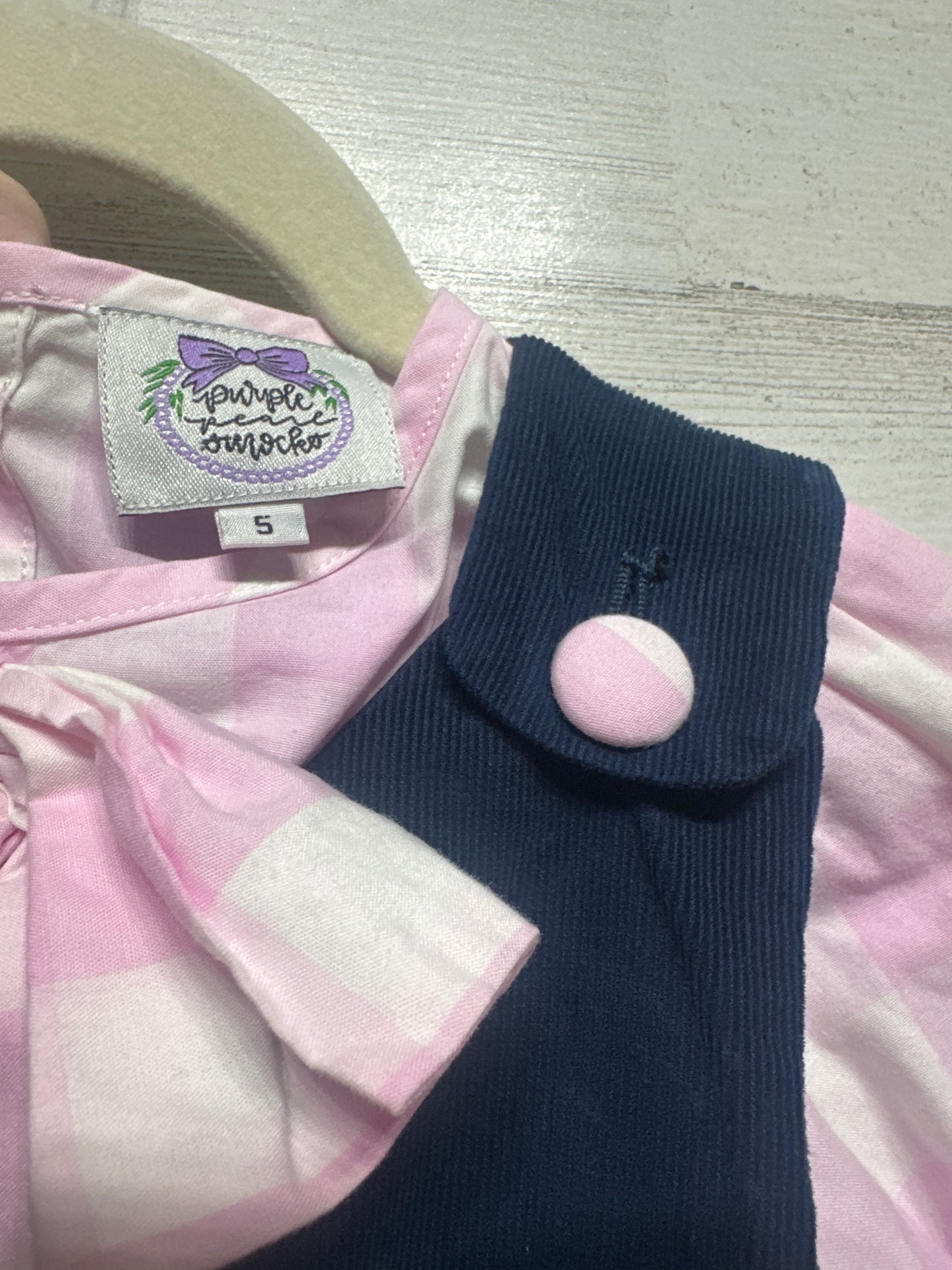 Size 5 Purple Pearl Smocks Navy Cord Dress With Pink Plaid Undershirt - Very Good Used Condition