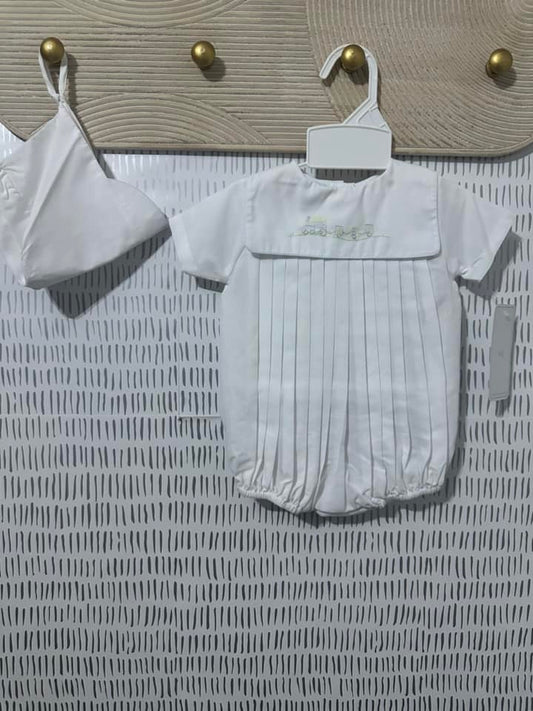 Boys Size Newborn Petit Ami Embroidered train romper with matching bonnet - New With Tags