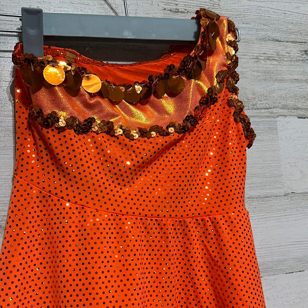 Girls Size Large Child (fits 8-10 best) - orange one sleeve dress - sequined costume - good used condition