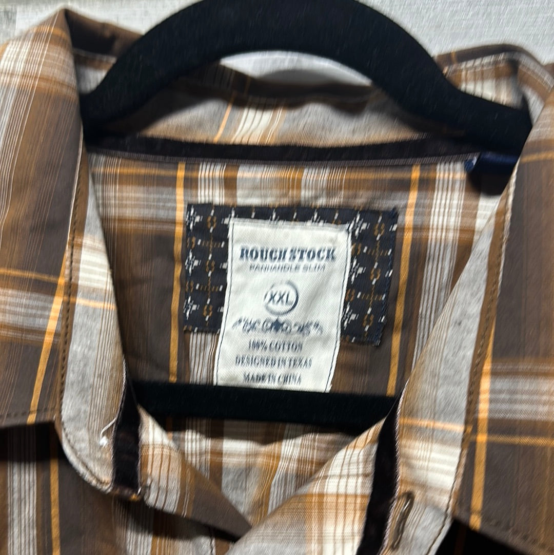 Men's Size XXL Rough Stock Panhandle Slim Brown Plaid Pearl Snap Shirt - New Without Tags