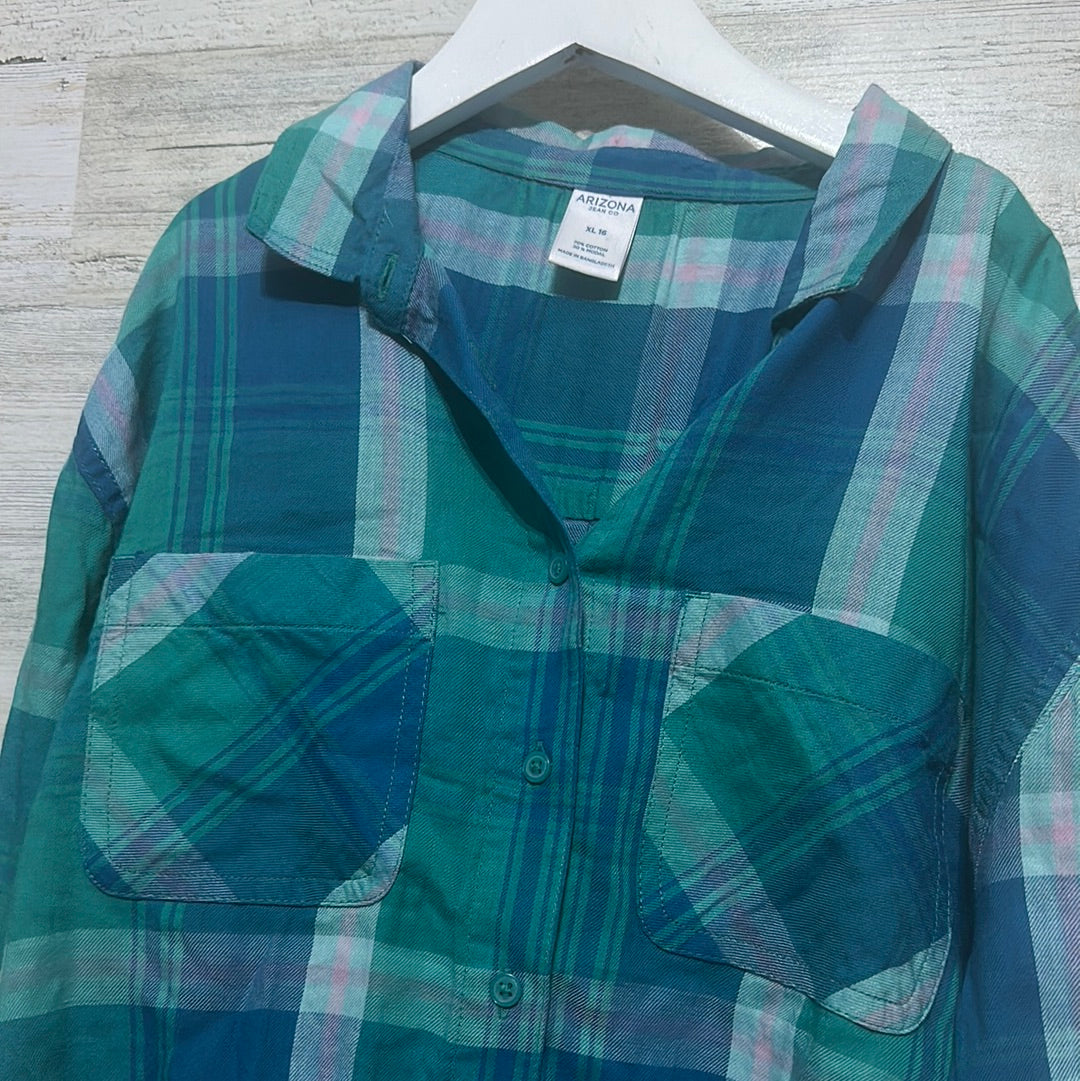Girls Size XL 16 Arizona green and blue plaid button up shirt - new with tags