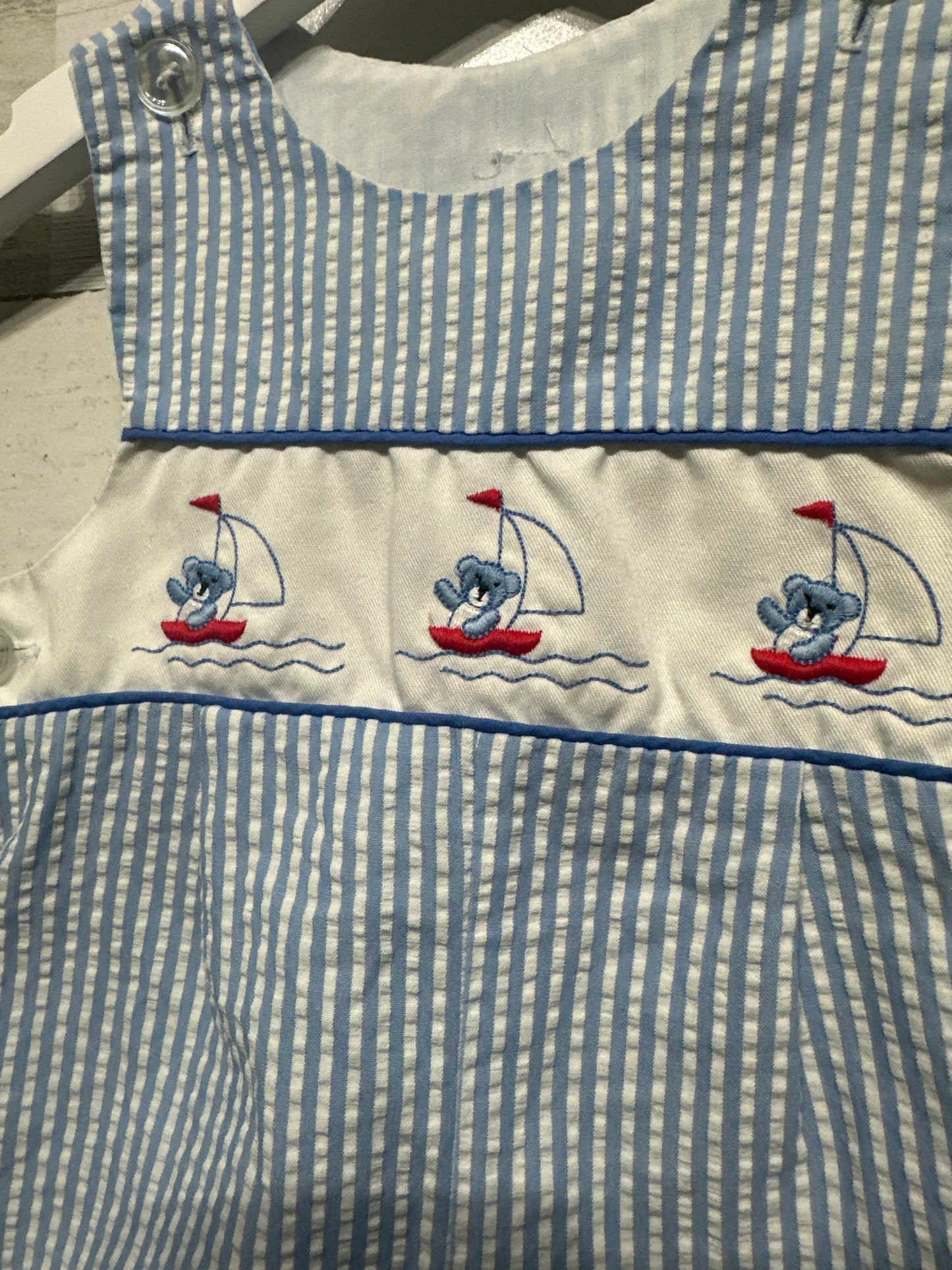 Boys Size 3-6m Seersucker Embroidered Jon Jon -  Good Used Condition