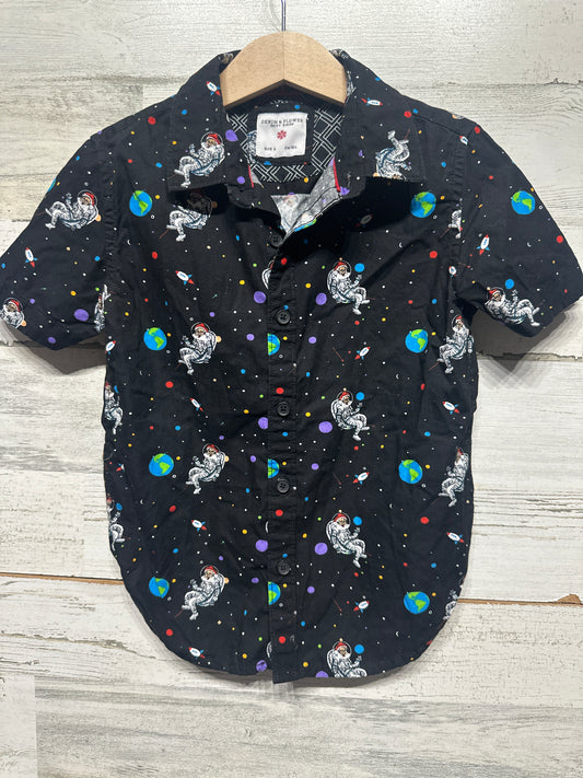 Santa Astronaut Denim & Flower Holiday Button Up Shirt - Boys Size 4 - Very Good Used Condition