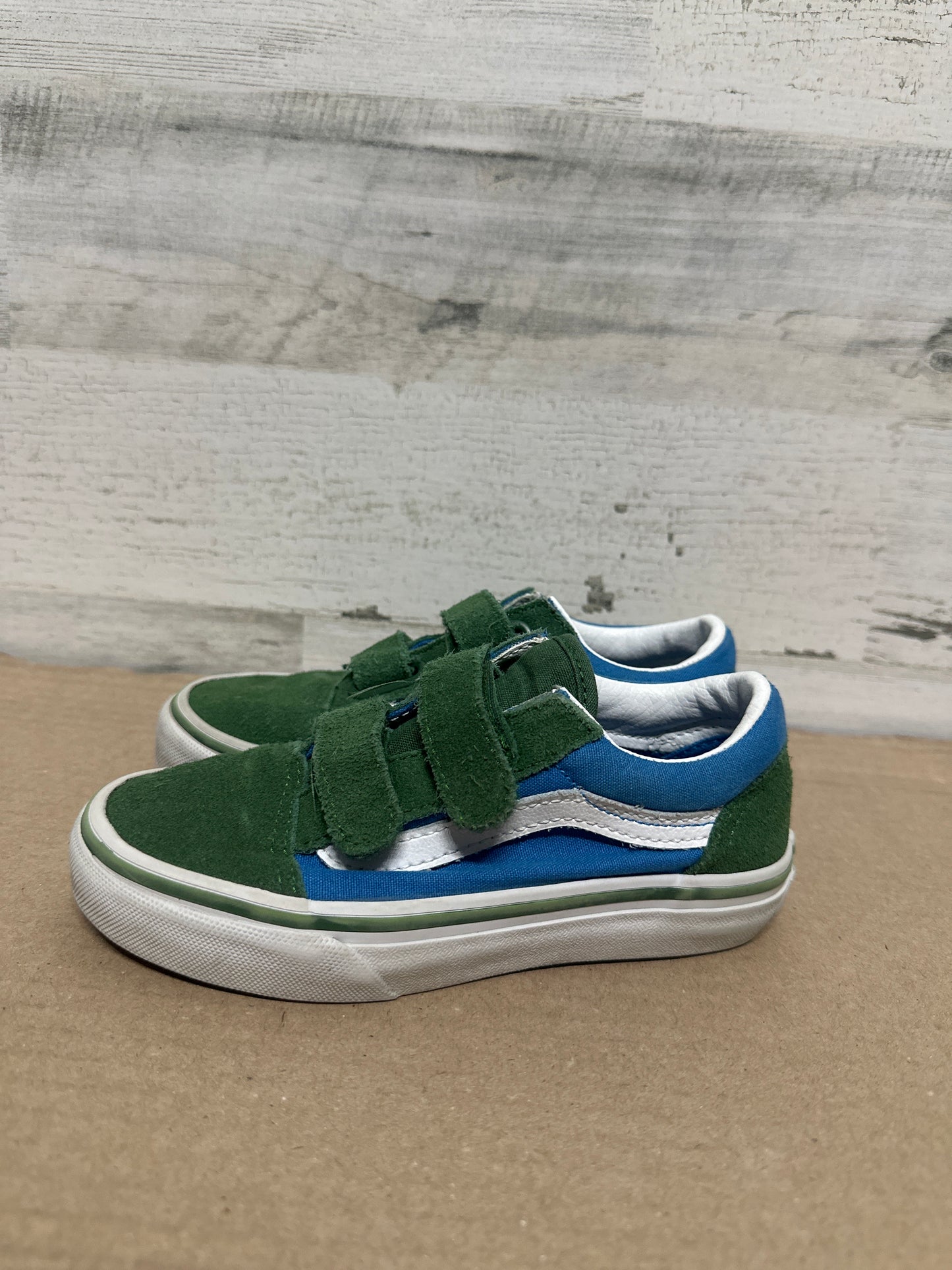 Size 12.5 (Little Kid) Van’s Velcro Green and Blue Shoes - Good Used Condition