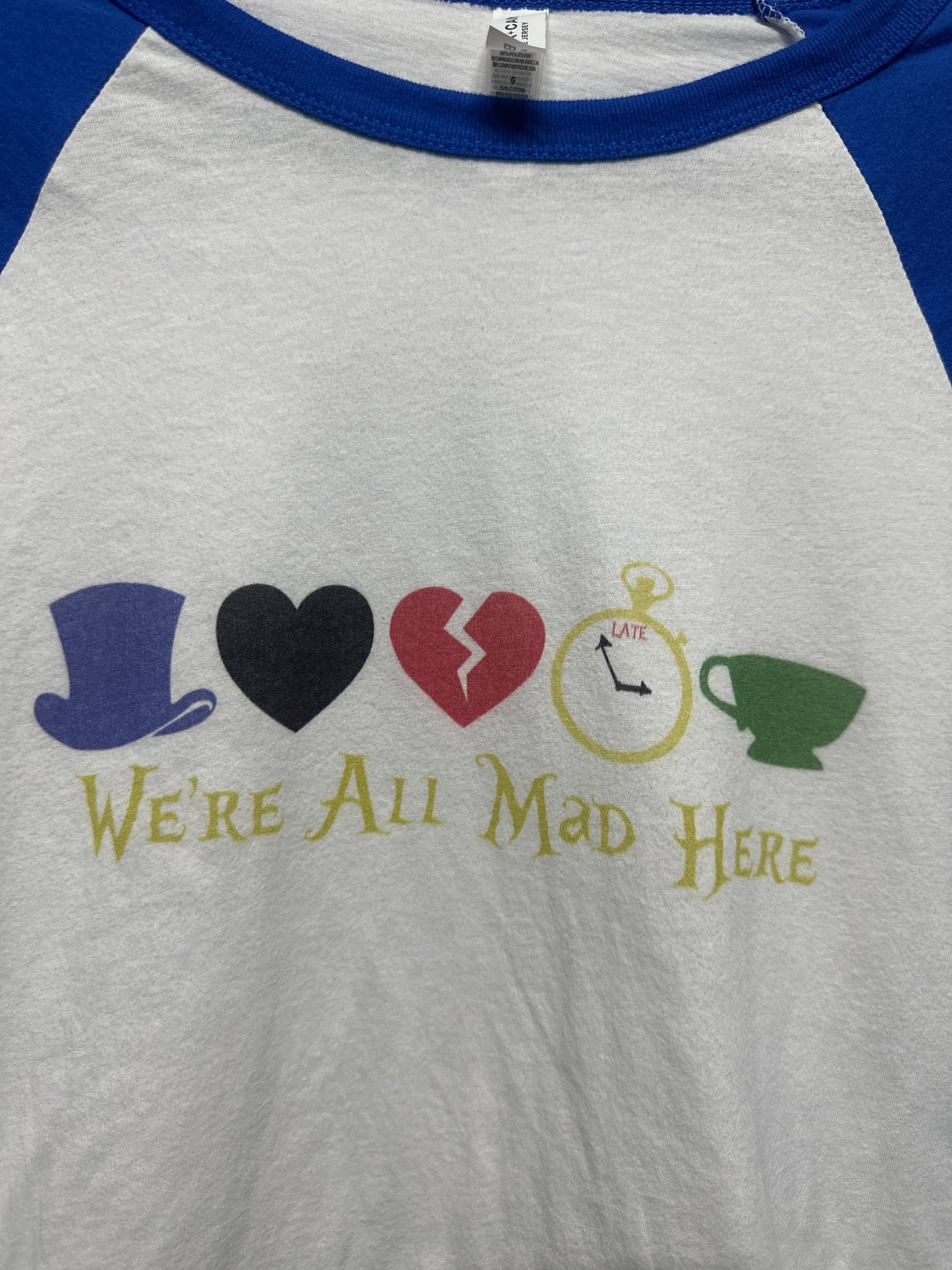 Women’s Size Large Bella Canvas We’re All Mad Here Alice and Wonderland Raglan Shirt - Good Used Condition