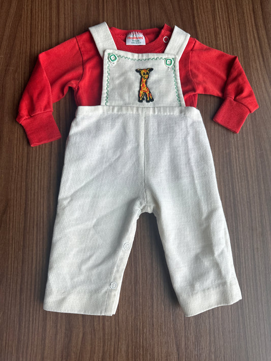 Boys Size 9m Health-tex Vintage Giraffe Overalls and Red Shirt - Good Used Condition