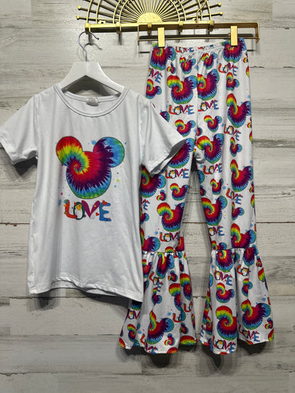 Girls Size 8-9 Tie Dye Mouse Love Outfit Set - Good Used Condition