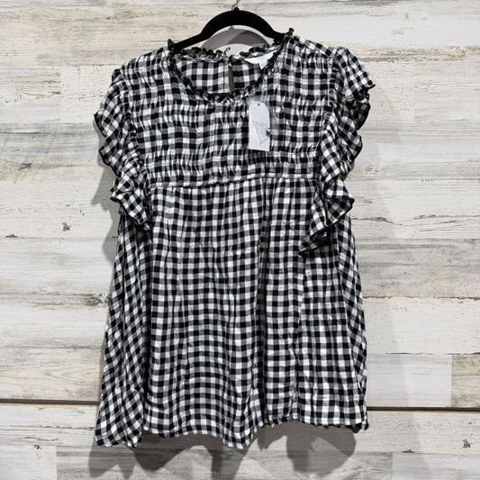Time and Tru Flutter Top Women Size L 12-14 Black White Gingham Viscose Boho0