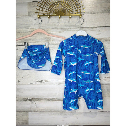 Up and Fast Swimsuit Boys 18-24M Blue Shark Rash Guard Hat Set Sharkcore EUC0