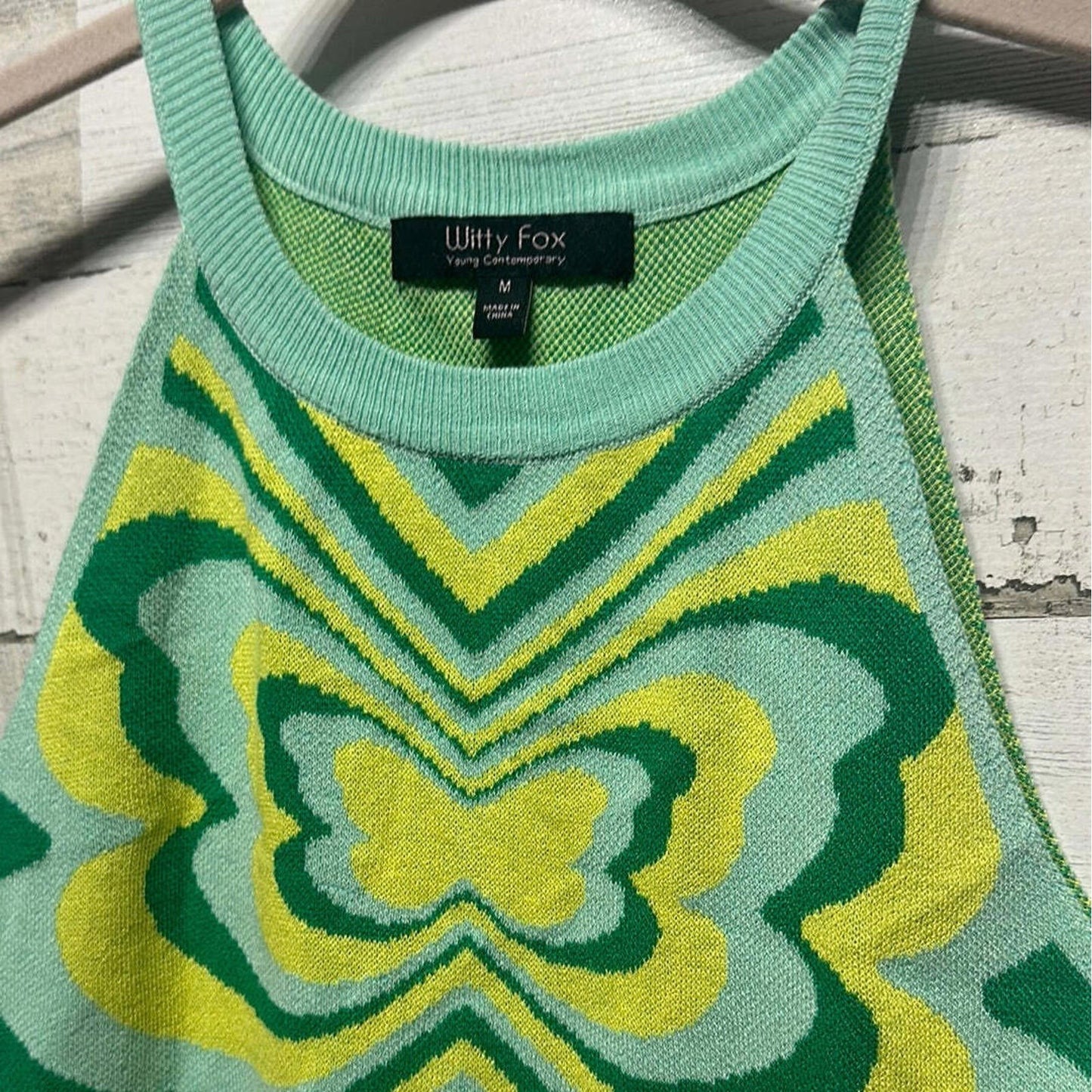 Witty Fox Halter Top Women Medium Green Butterfly Psychedelic Knit Crop EUC1