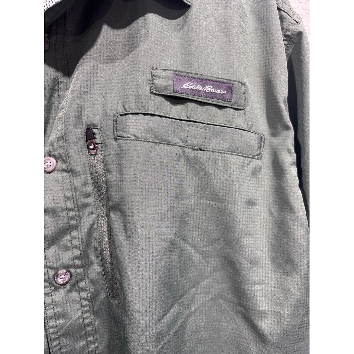 Eddie Bauer Button Up Shirt Men 2XL Green Ripstop Fishing Gorpcore EUC4