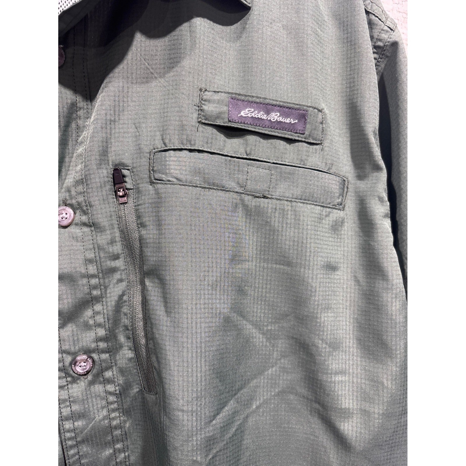 Eddie Bauer Button Up Shirt Men 2XL Green Ripstop Fishing Gorpcore EUC4