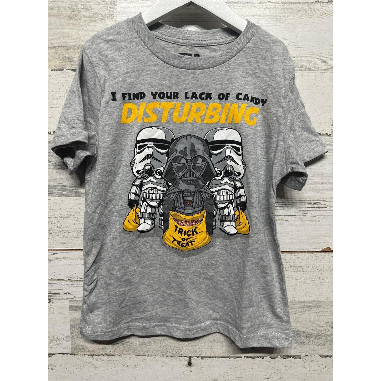 Star Wars Halloween T-Shirt Boys Small Gray Darth Vader Lack Of Candy EUC0