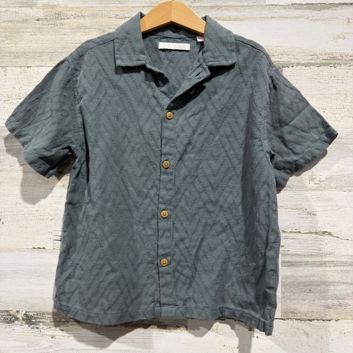 Zara Button Down Kids 6 Slate Blue Chevron Textured Coastal EUC0