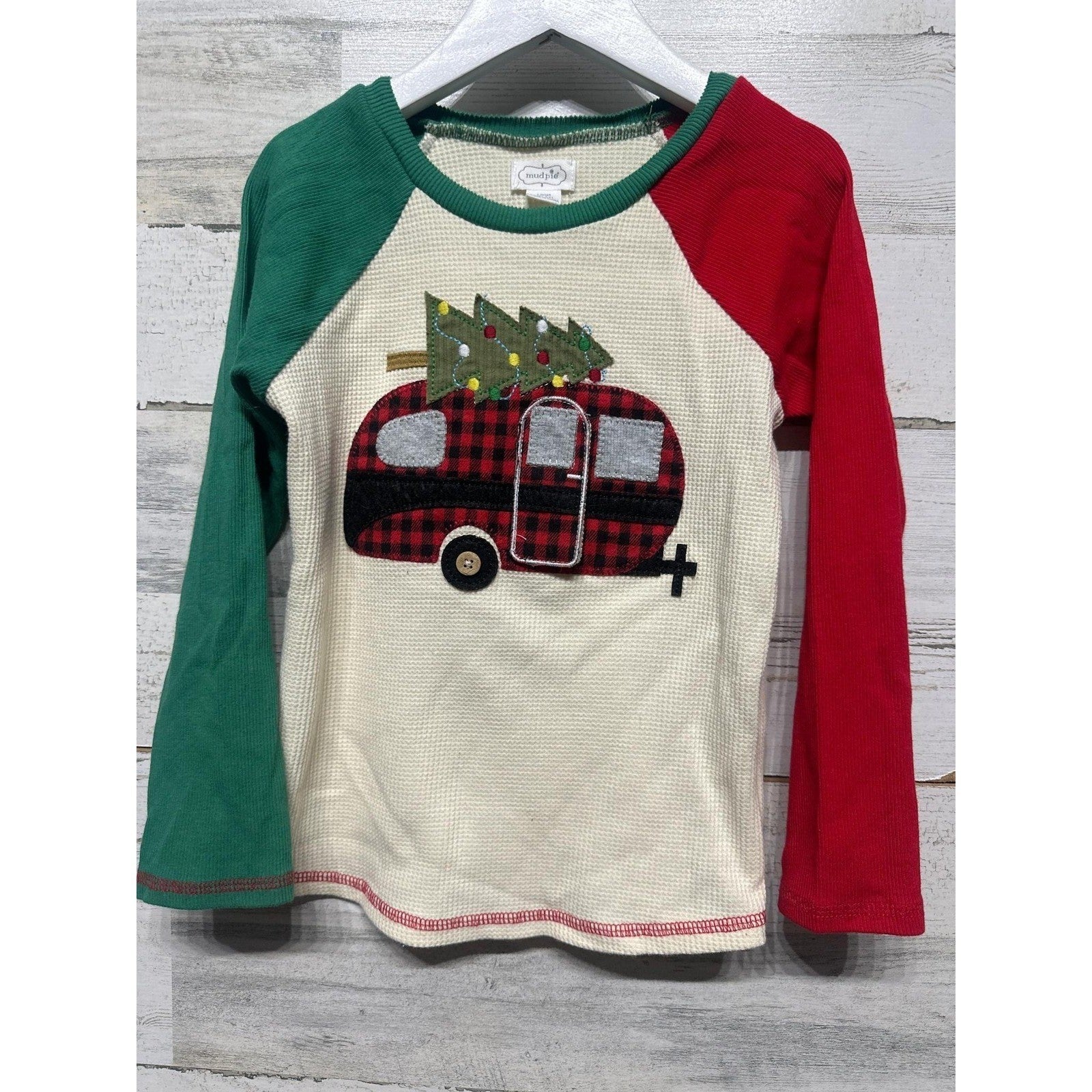 Mud Pie Christmas Camper Shirt Boys 4T/5T Red Green Waffle Knit Holiday EUC0