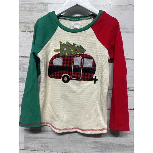 Mud Pie Christmas Camper Shirt Boys 4T/5T Red Green Waffle Knit Holiday EUC0