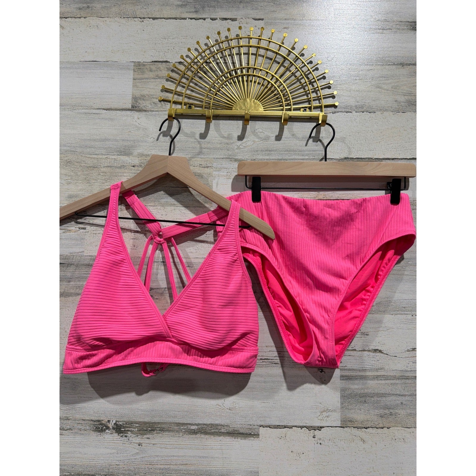 Next Bikini Set Women 38B/C Top XL Bottoms Pink Ribbed High Waist Barbiecore0