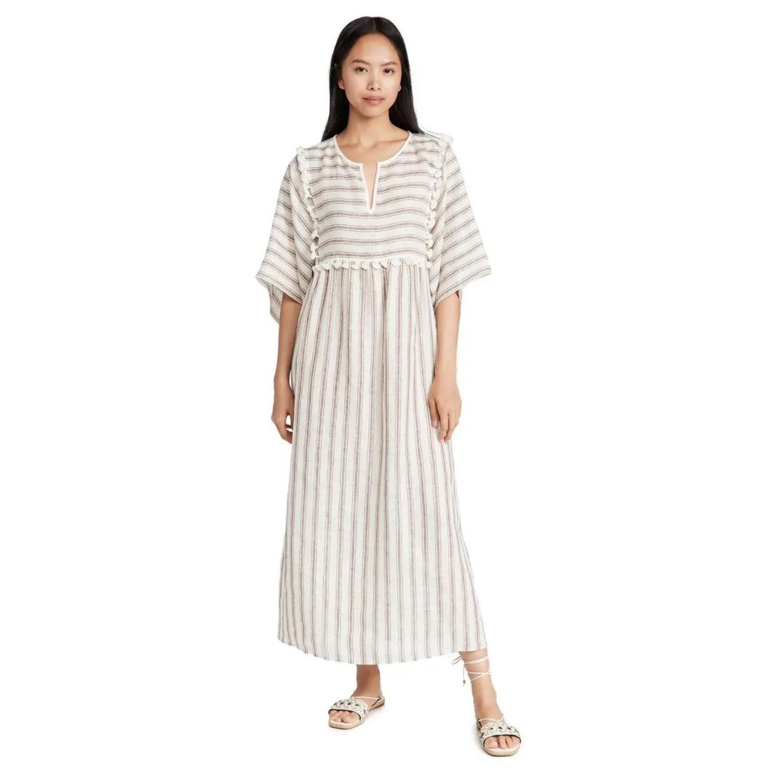 Tory Burch Striped Midi Caftan Women Small Ivory Anise Brown Linen Pom-Pom NWT9
