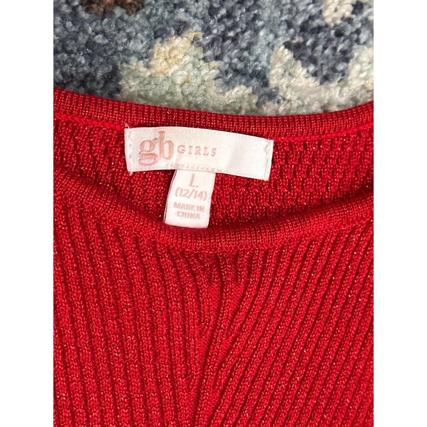 GB Sweater Dress Girls L 12/14 Red Sparkle Metallic Ribbed Skater EUC2