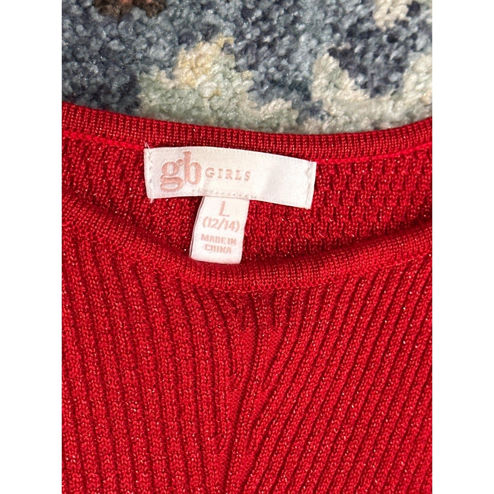 GB Sweater Dress Girls L 12/14 Red Sparkle Metallic Ribbed Skater EUC2