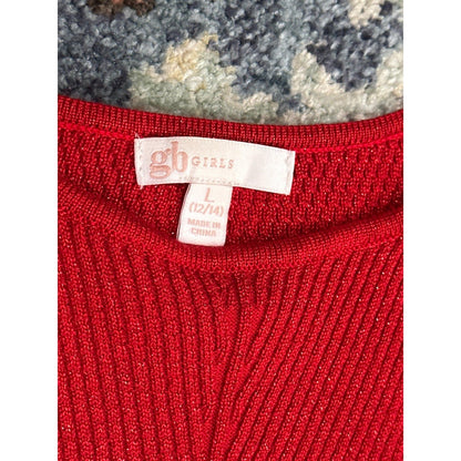 GB Sweater Dress Girls L 12/14 Red Sparkle Metallic Ribbed Skater EUC2