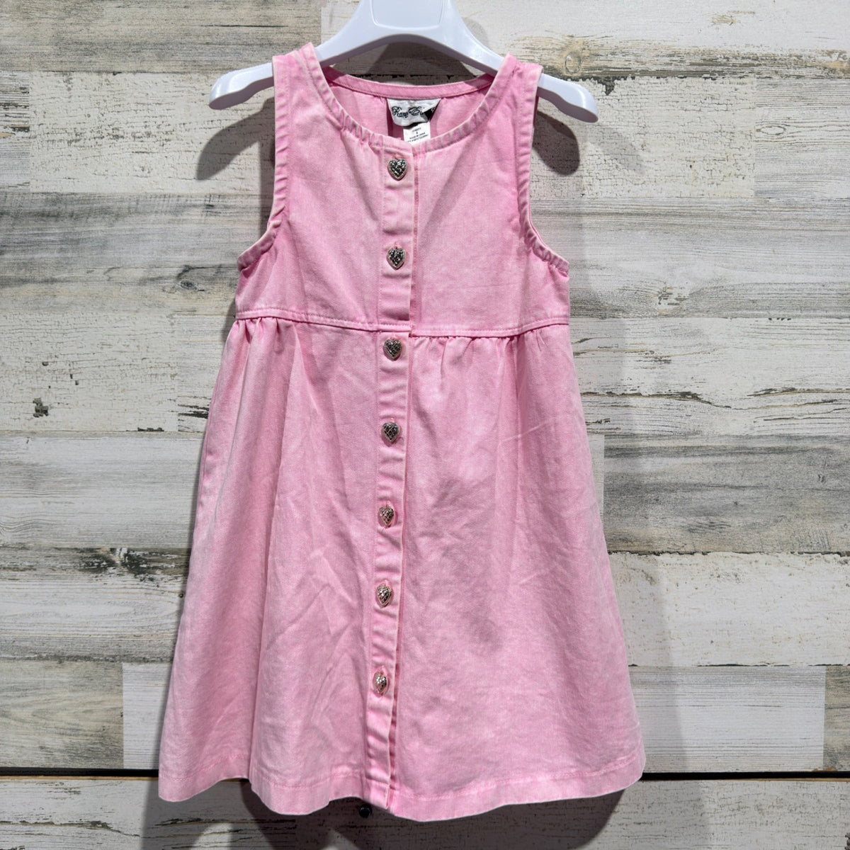 Rare Editions Heart Button Denim Dress Girls 6 Pink Cotton Acid Wash Retro EUC0